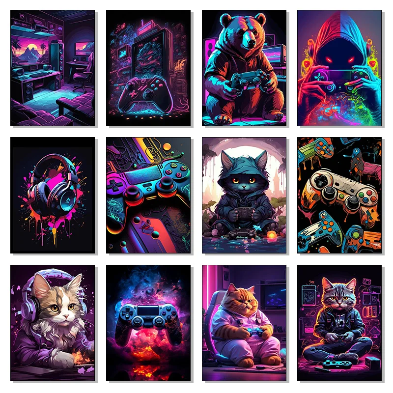 Gaming Console Controller - Kleurrijke neon game console kattenhoofdhoofdtelefoon poster
